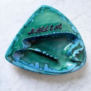 Vintage 1964 Handmade Pottery Ashtray MARLENE Blue Green Drip Glaze Signed